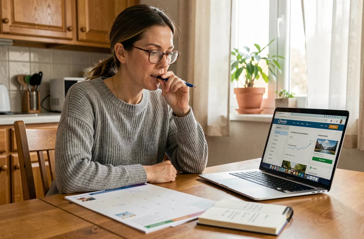 Mère de famille planifiant les vacances scolaires 2026-2027 avec un calendrier papier et un ordinateur portable pour optimiser le budget familial