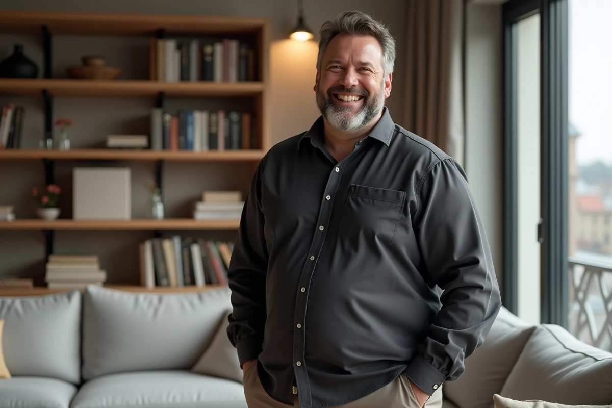 Portrait d'un homme souriant et charismatique dans un appartement moderne, ambiance chaleureuse et contemporaine