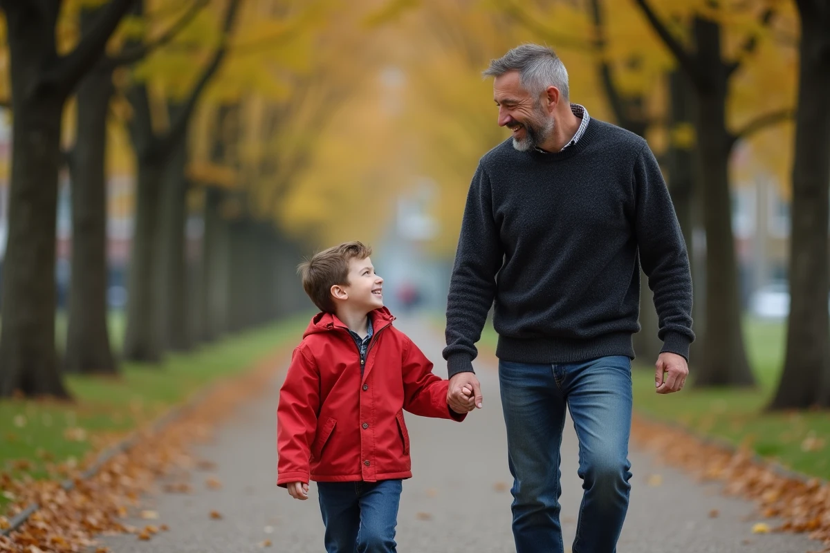 Père et fils se promènent dans un parc en automne