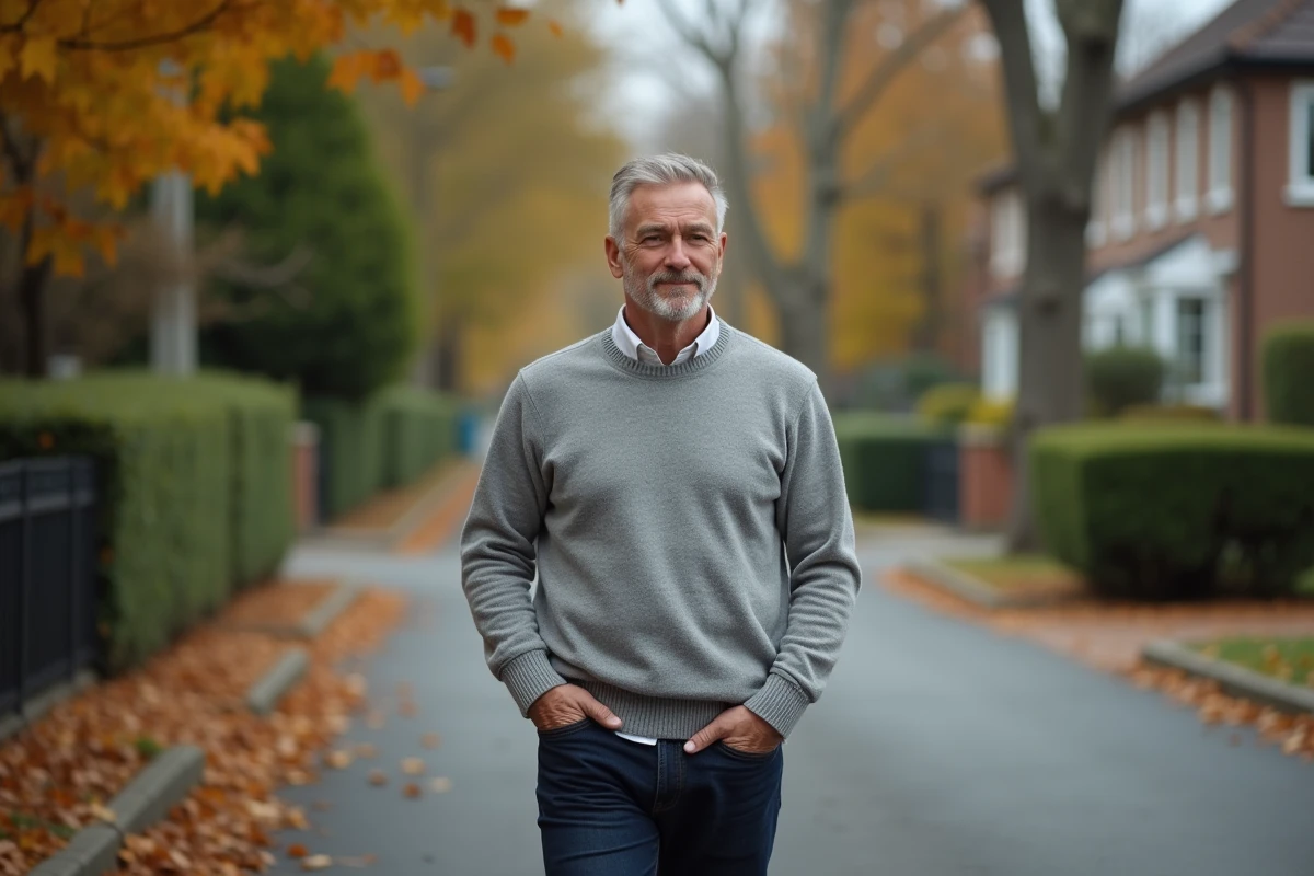Homme marchant dans une rue résidentielle calme en automne, évoquant la vie privée et familiale discrète
