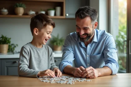 P&egrave;re et fils rient en faisant un puzzle &agrave; la maison
