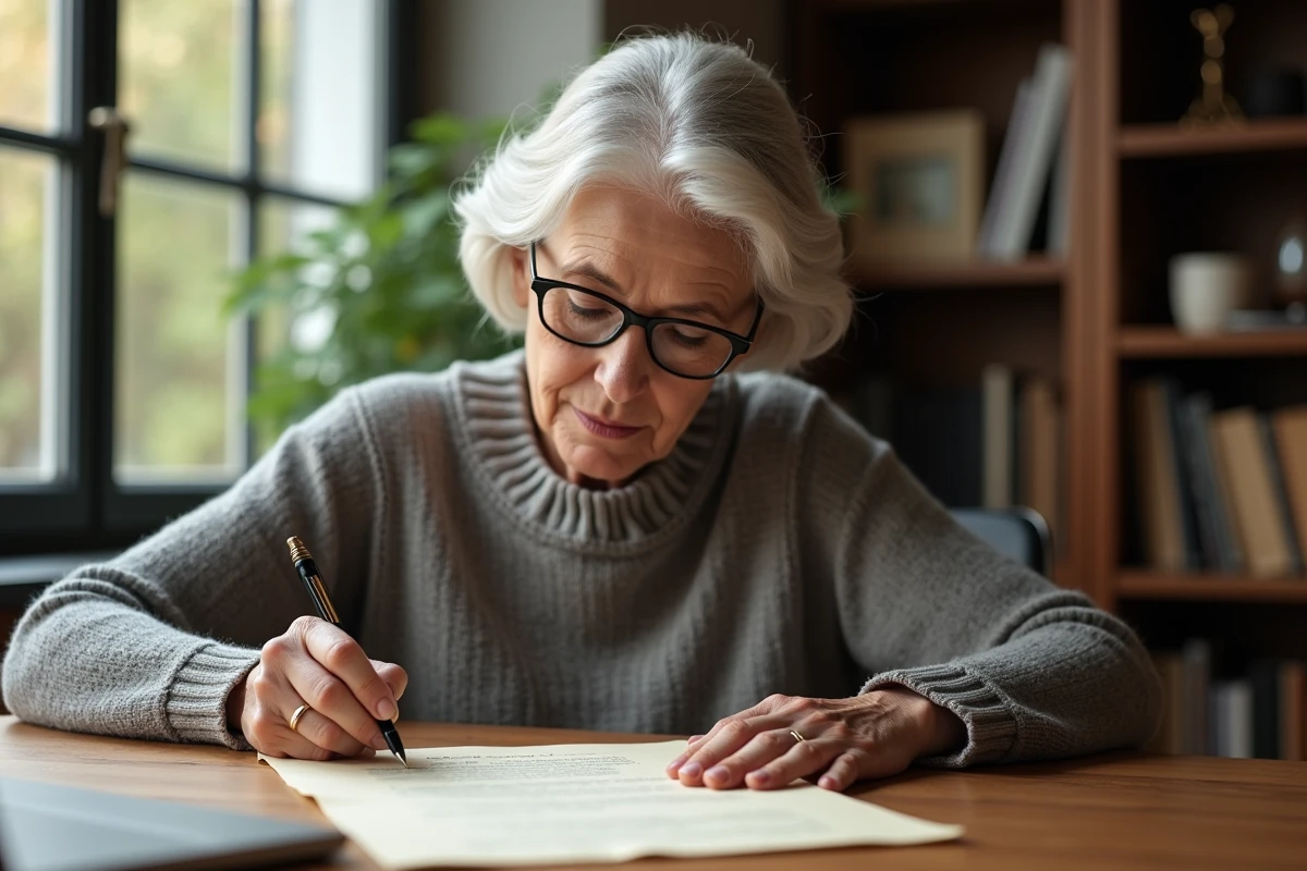 Femme rédigeant un testament olographe à la main avec un stylo plume sur du papier