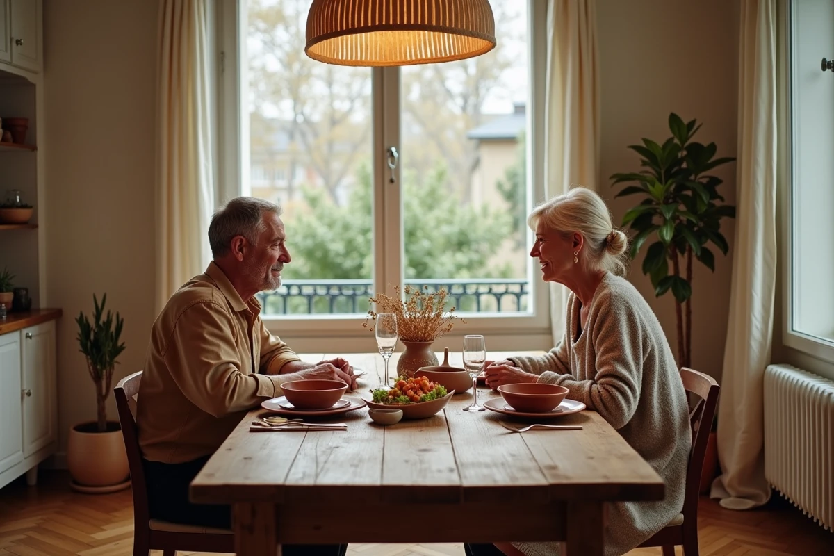 Scène de repas familial dans un appartement parisien illustrant la vie de couple et les liens familiaux