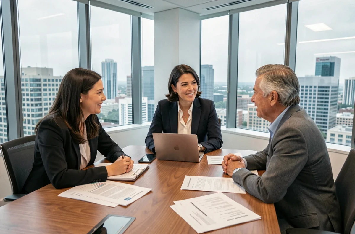Réunion professionnelle entre responsables syndicaux autour d'une table de conférence avec vue sur la ville