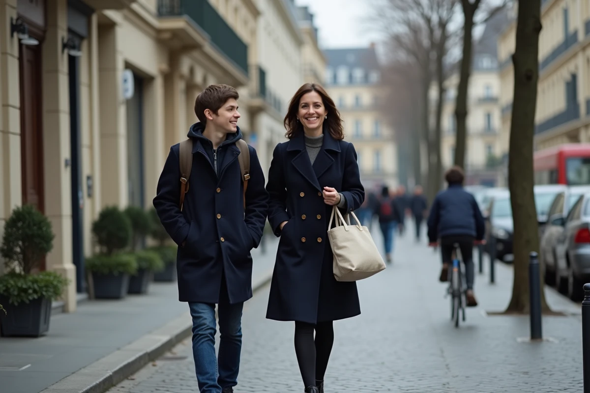 Sara Mortensen se promenant avec son fils adolescent dans les rues de Paris, montrant leur complicité au quotidien loin des caméras