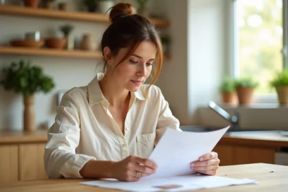 Actrice Sara Mortensen concentrée sur des documents dans une cuisine scandinave, illustrant son rôle de mère attentive et professionnelle