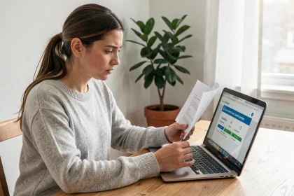 Femme consultant une simulation de congé parental CAF sur son ordinateur portable à la maison