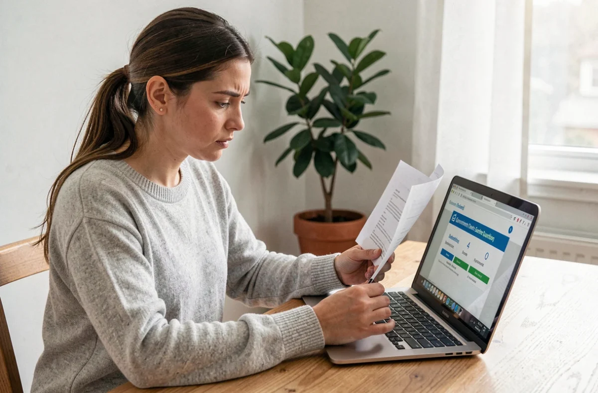 Femme consultant une simulation de congé parental CAF sur son ordinateur portable à la maison