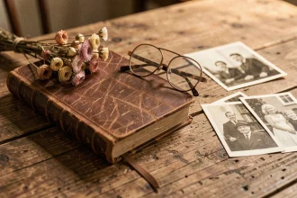 Objets souvenirs d'une tante décédée posés sur une table en bois, journal intime, lunettes et fleurs séchées en hommage