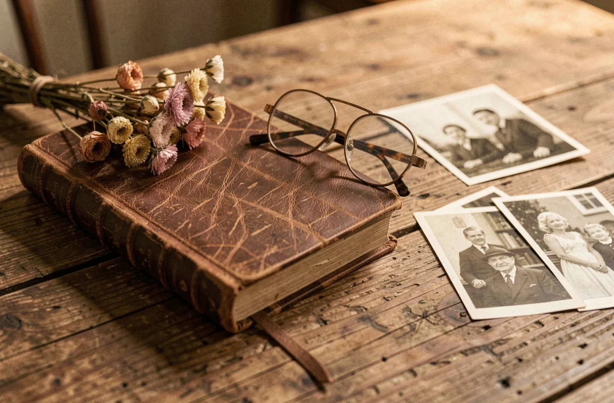 Objets souvenirs d'une tante décédée posés sur une table en bois, journal intime, lunettes et fleurs séchées en hommage