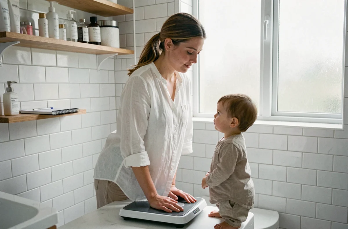 Mère et enfant réalisant un suivi du poids dans une salle de bain moderne et lumineuse