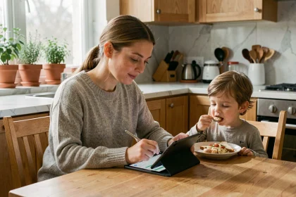 Mère enregistrant le suivi des repas de son enfant sur une tablette dans une cuisine chaleureuse