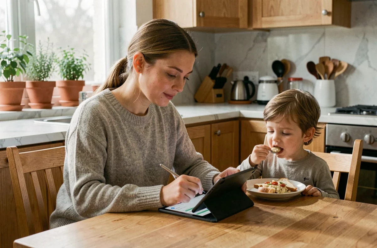 Mère enregistrant le suivi des repas de son enfant sur une tablette dans une cuisine chaleureuse