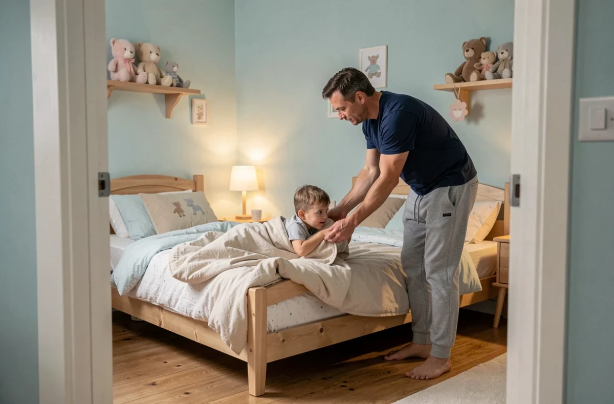 Père accompagnant son enfant au coucher pour un suivi du sommeil au quotidien