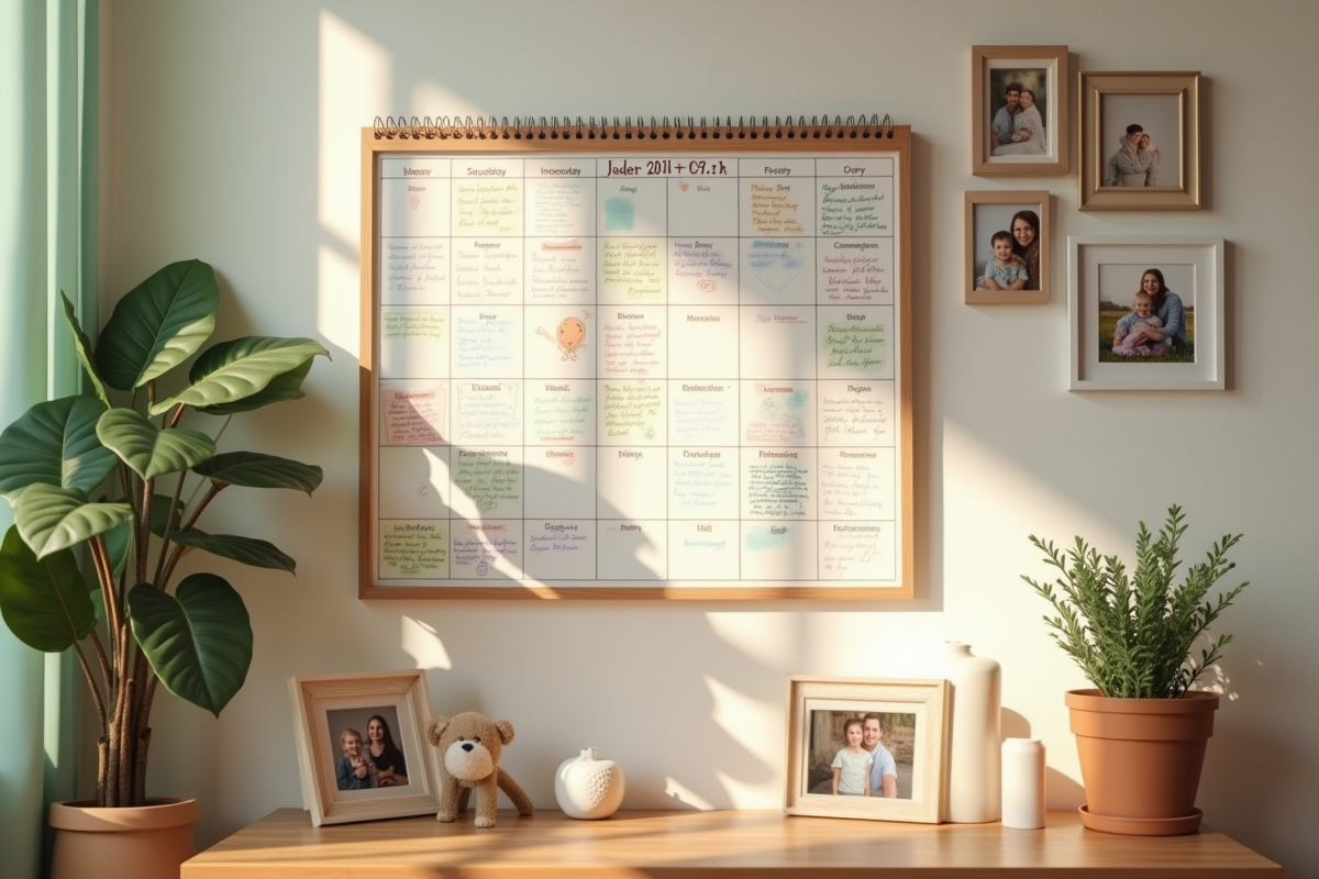 Calendrier familial organisé avec notes et photos sur le mur