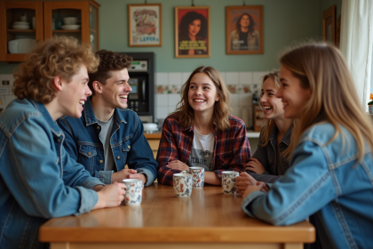 Groupe d'adolescents dans une cuisine vintage des années 90