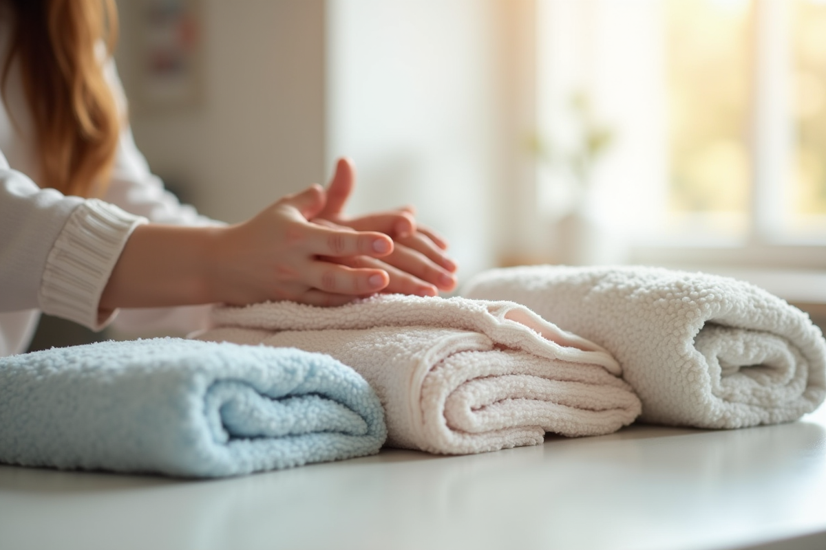 Mains de parent touchant des couvertures de bébé pliées