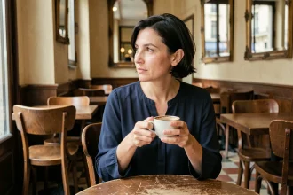 Femme française pensive attablée dans un bistrot parisien, illustrant l'intimité et la vie privée d'une artiste
