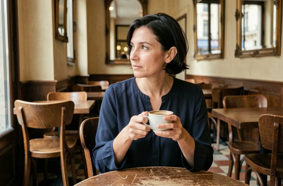 Femme française pensive attablée dans un bistrot parisien, illustrant l'intimité et la vie privée d'une artiste